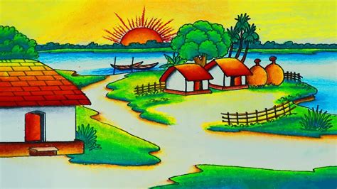 10 easy steps to draw Village Scenery Drawing .